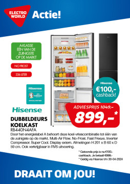 Hisense Dubbel-deurs koelkast 100,- euro extra voordeel